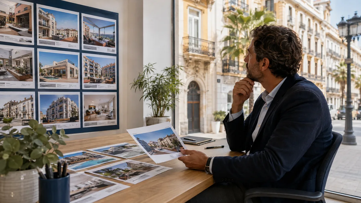 Agente inmobiliario en Valencia comparando varias viviendas anunciadas en un mercado con más competencia