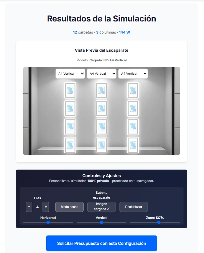 Ejemplo de configuración generada en el simulador de escaparate LED con carpetas distribuidas