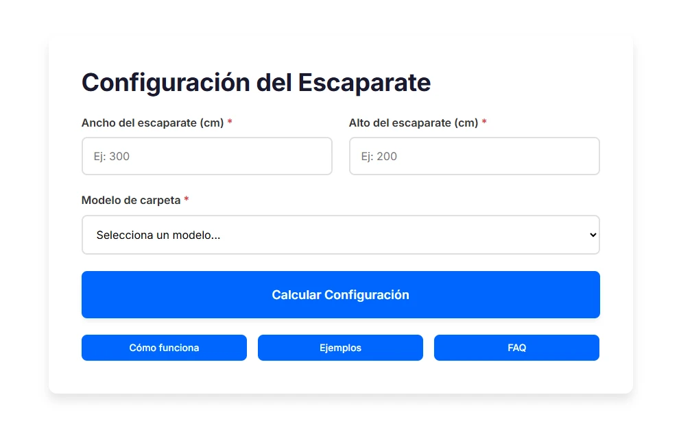 Pantalla inicial del simulador de escaparate LED para introducir medidas y elegir el modelo de carpeta